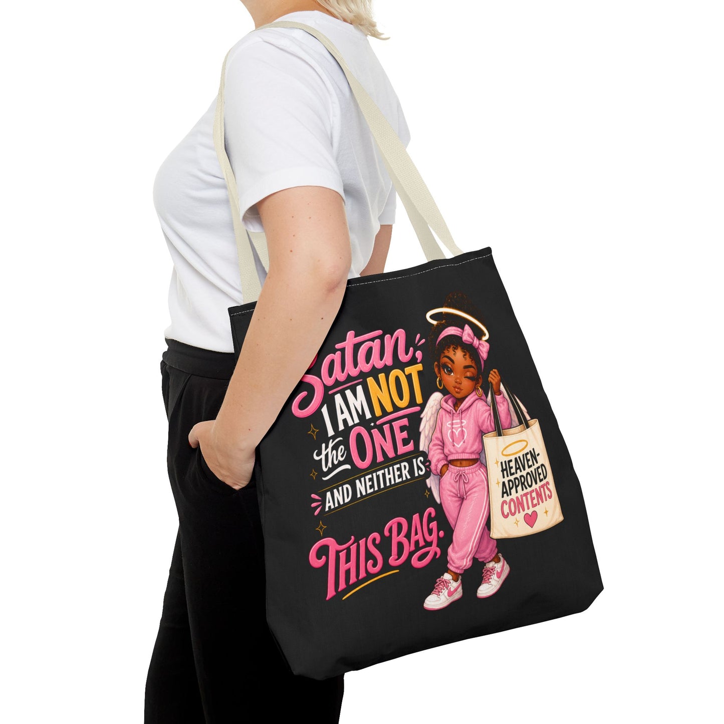 Tote Bag — "Satan I Am Not The One" Retro Angel Girl Tote (Heaven Approved Content) - ClaimedbyGodDesigns