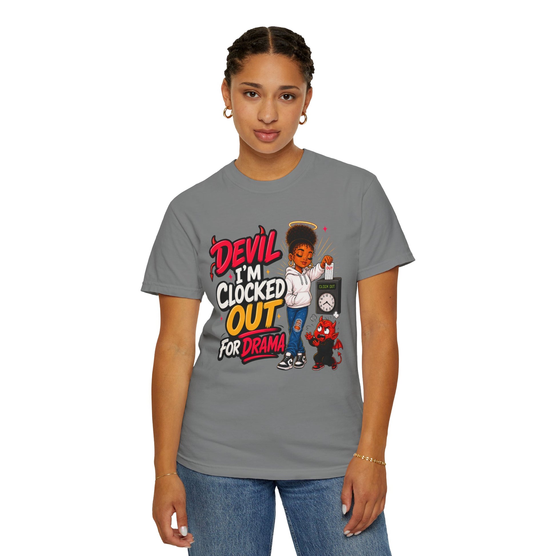 T-Shirt — "Devil I'm Clocked Out for Drama" Graphic Tee - ClaimedbyGodDesigns