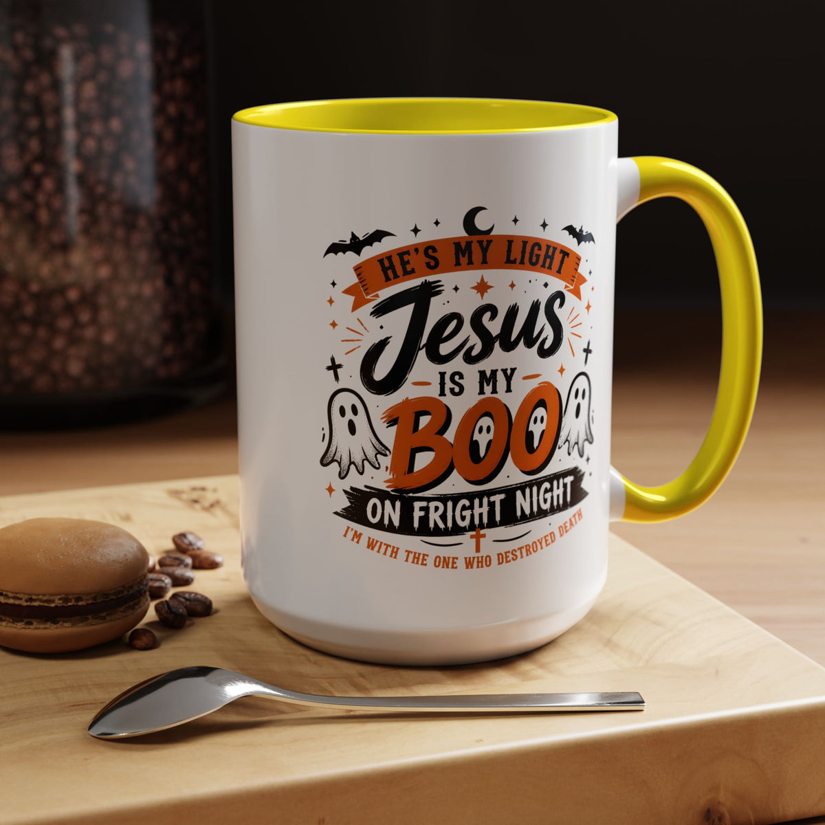 Christian Coffee Mug — "He's My Light, Jesus Is My Boo" Halloween Accent Mug