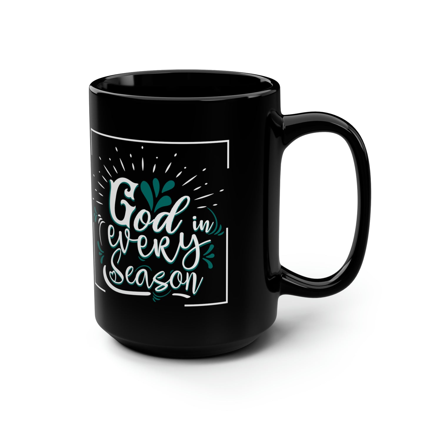God In Every Season Christian Black Ceramic Mug, 15oz (double sided print)