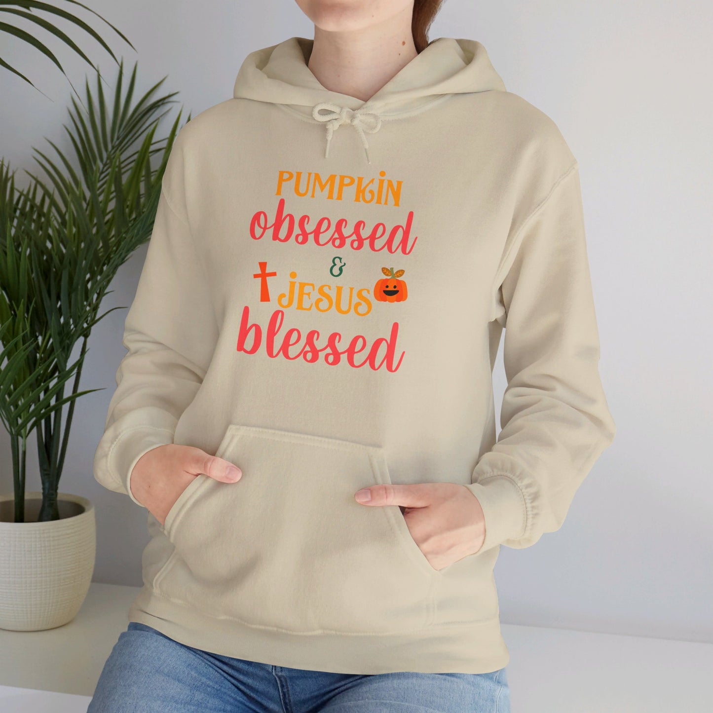 Pumpkin Obsessed And Jesus Blessed Halloween Unisex Christian Pullover Hooded Sweatshirt