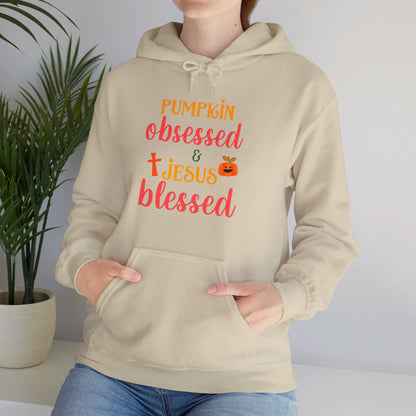 Pumpkin Obsessed And Blessed by Him Halloween Unisex Christian Pullover Hooded Sweatshirt