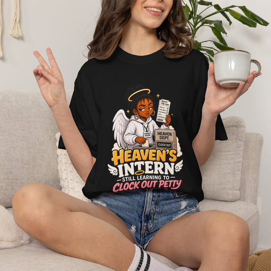 Heaven's Intern T-shirt – Funny Angel Nurse Tee ('Still Learning to Clock Out Petty') - ClaimedbyGodDesigns