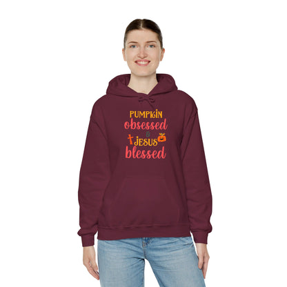Pumpkin Obsessed And Blessed by Him Halloween Unisex Christian Pullover Hooded Sweatshirt