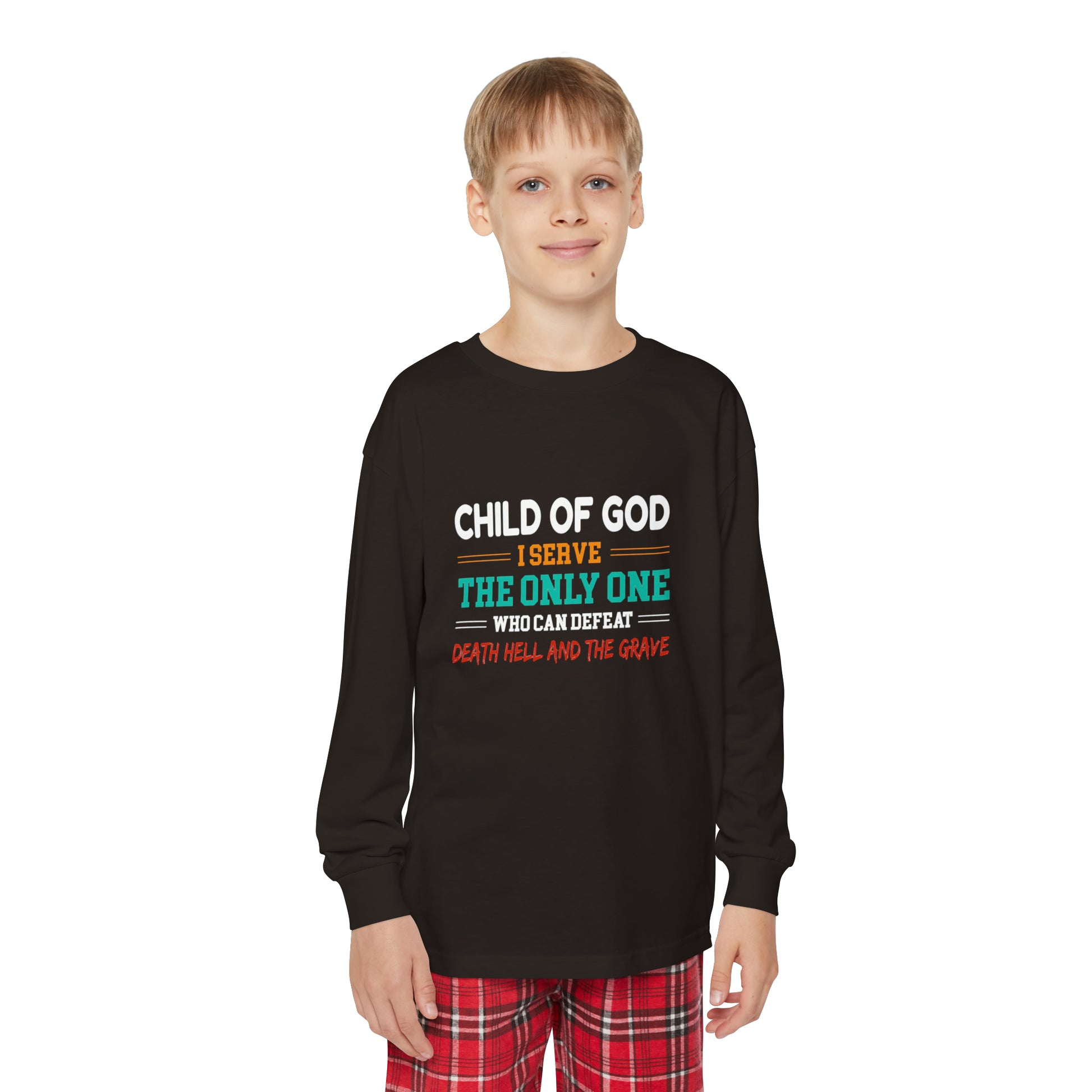 Child Of God I Serve The Only One Who Can Defeat Death Hell And The Grave Youth Christian Long Sleeve Pajama Set Printify