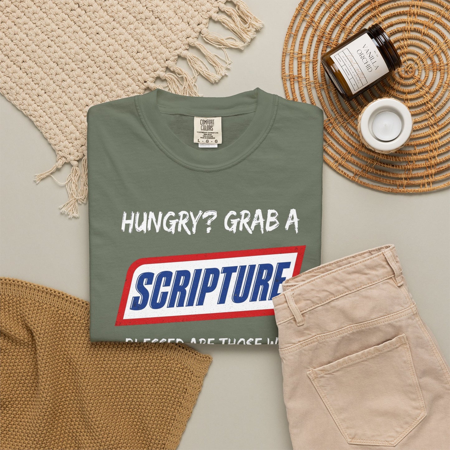 Scripture Snack T-Shirt — "Hungry? Grab a Scripture" Matthew 5:6 Christian Tee