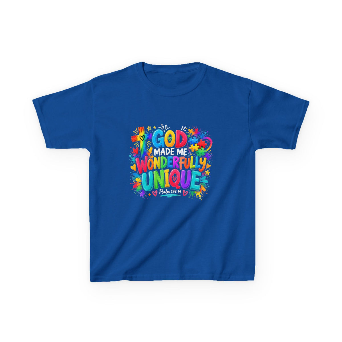Youth Autism Awareness T-Shirt — "God Made Me Wonderfully Unique" Colorful Faith Tee