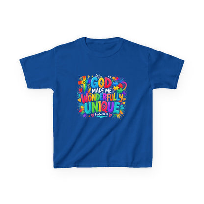 Youth Autism Awareness T-Shirt — "God Made Me Wonderfully Unique" Colorful Faith Tee