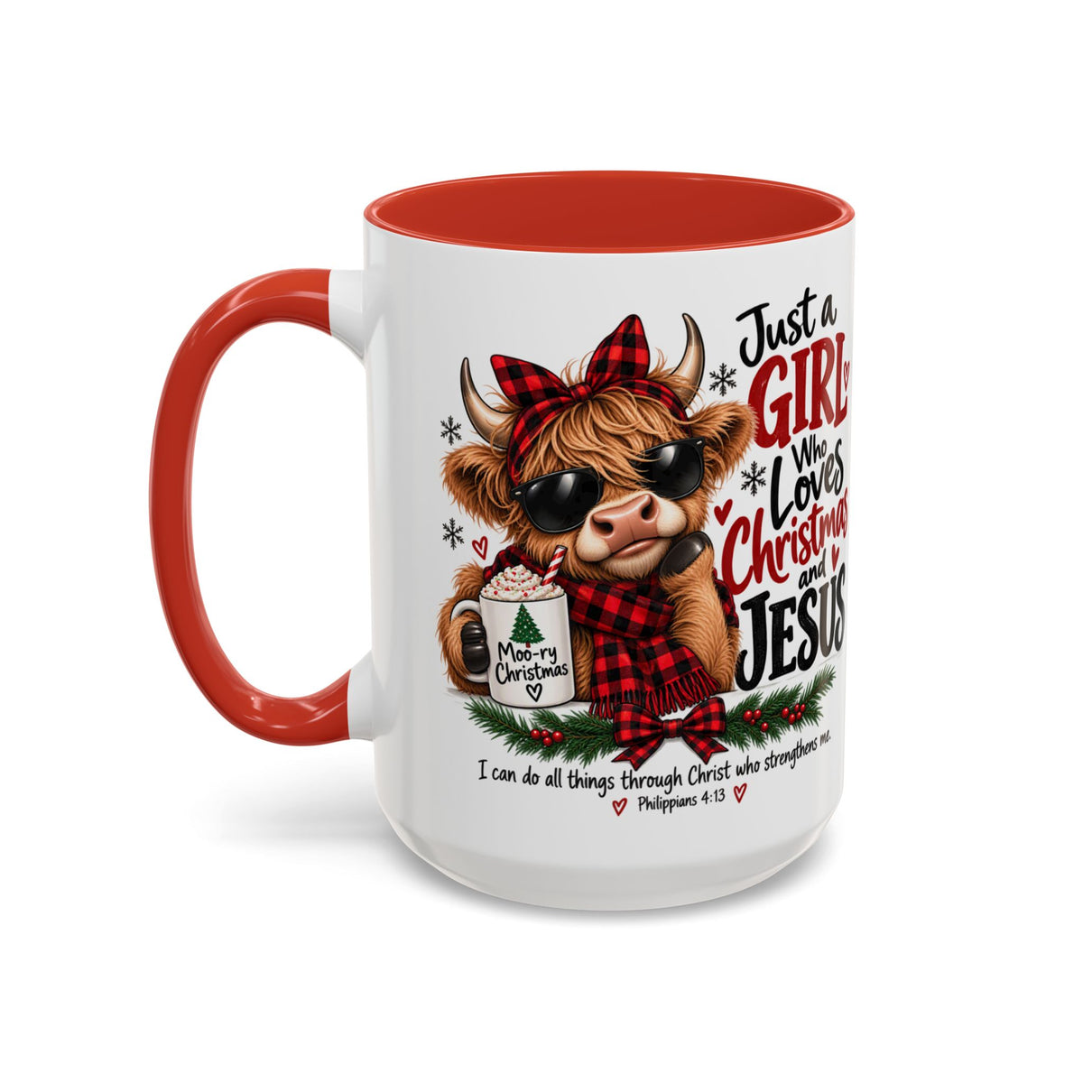 Just a Girl Who Loves Christmas and Jesus Highland Cow Coffee Mug