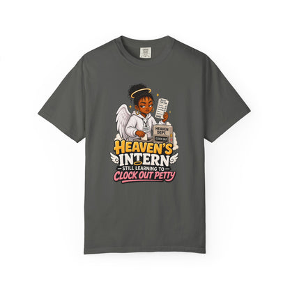 Heaven's Intern T-shirt – Funny Angel Nurse Tee ('Still Learning to Clock Out Petty')