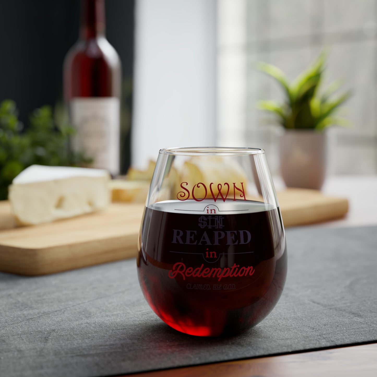 Sown In Sin Reaped In Redemption Stemless Wine Glass, 11.75oz