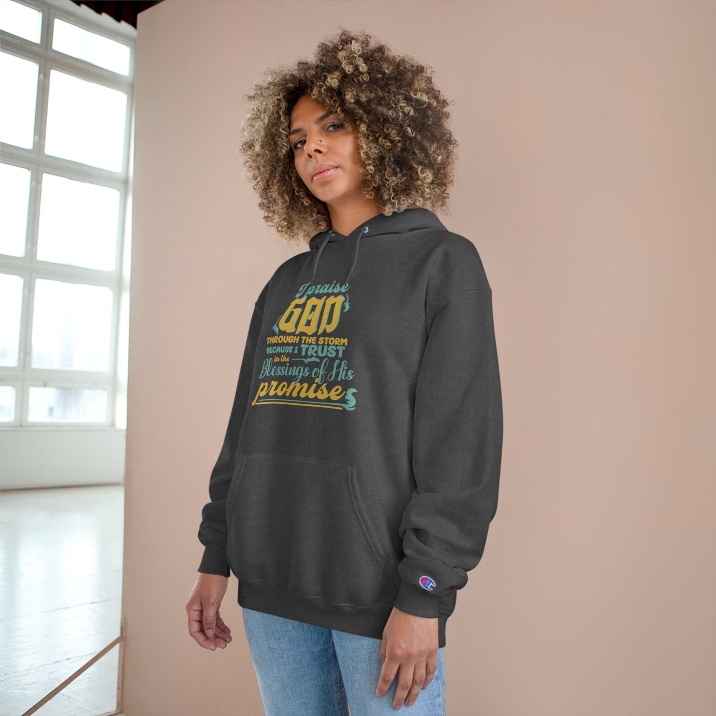 I Praise Him Through The Storm Because I Trust In The Blessings Of His Promise Unisex Champion Hoodie