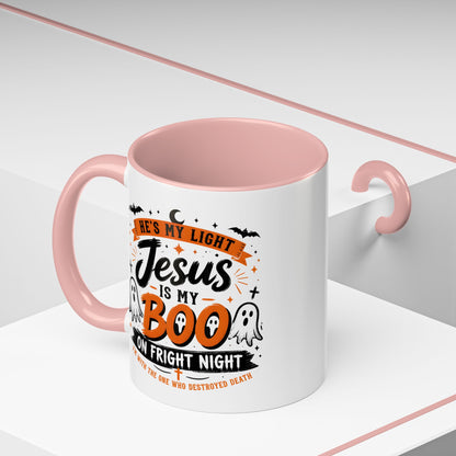 Christian Coffee Mug — "He's My Light, Jesus Is My Boo" Halloween Accent Mug