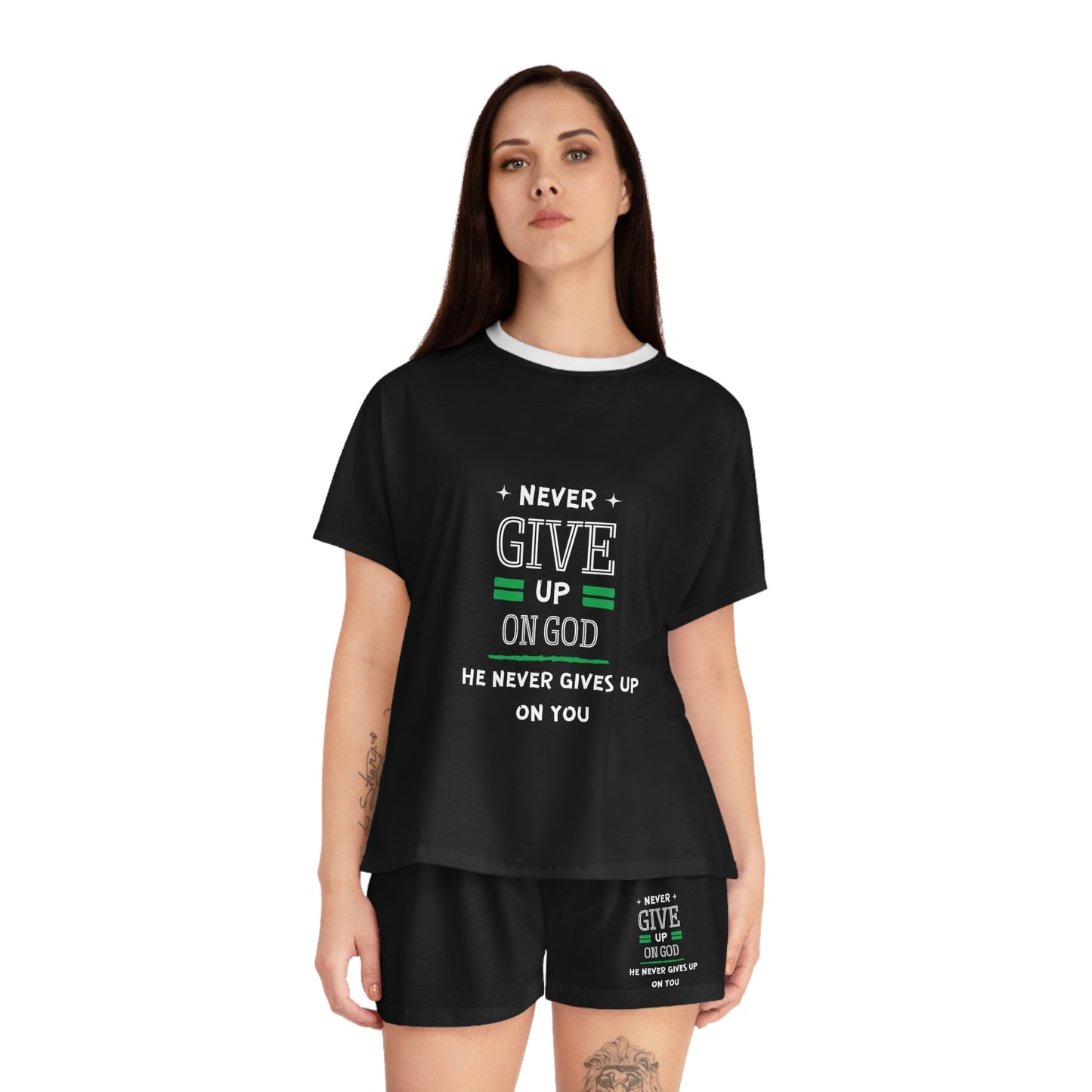 Never Give Up On God He Never Gives Up On You Women's Christian Short Pajama Set Printify