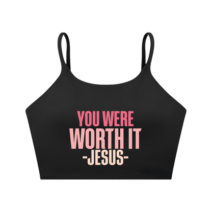 You Were Worth It Women's Christian Spaghetti Strap Yoga Sports Bra - ClaimedbyGodDesigns