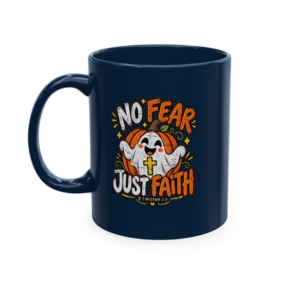 Halloween Ghost Christian Ceramic Mug — "No Fear, Just Faith" Pumpkin Coffee Cup