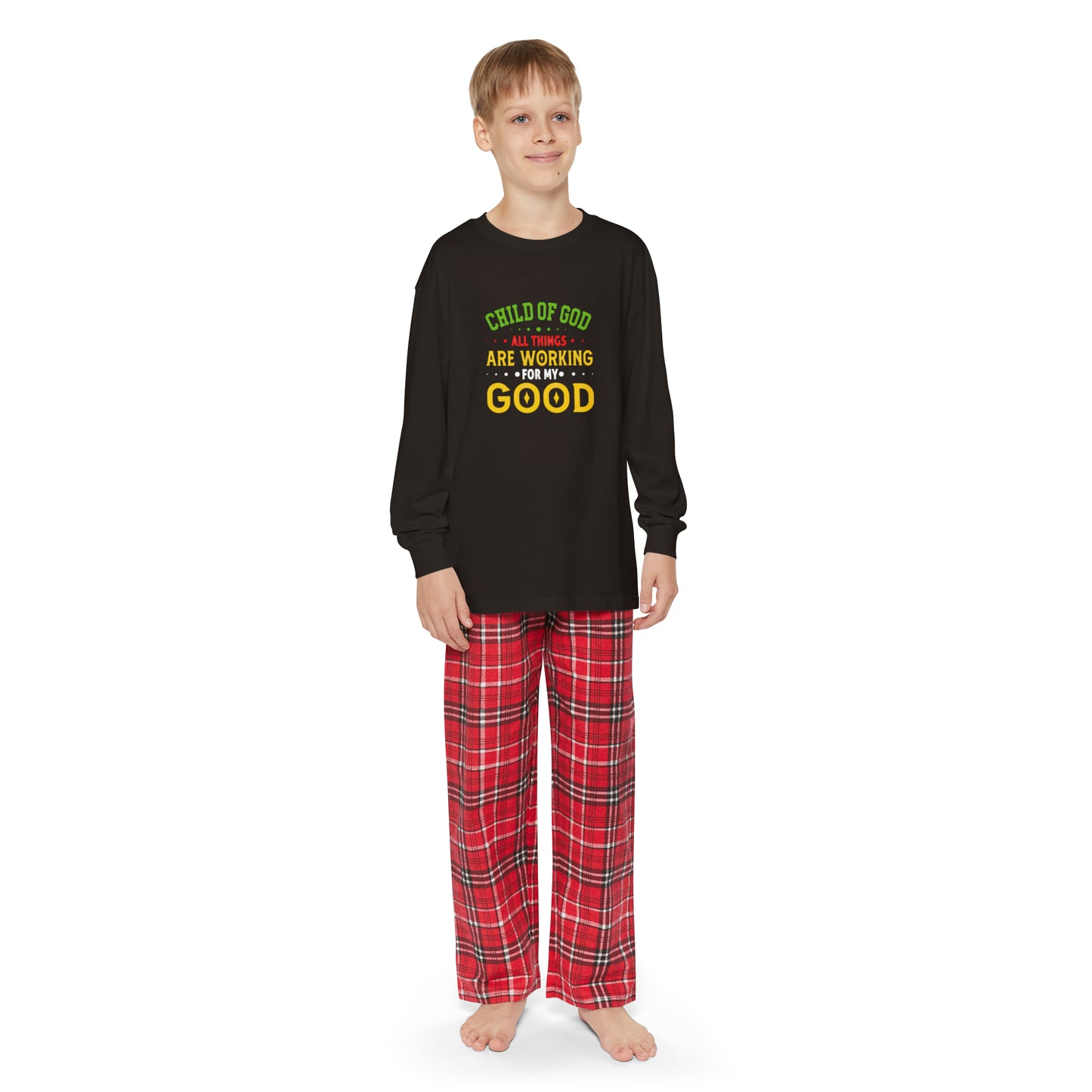 Child Of God All Things Are Working For My Good Youth Christian Long Sleeve Pajama Set Printify