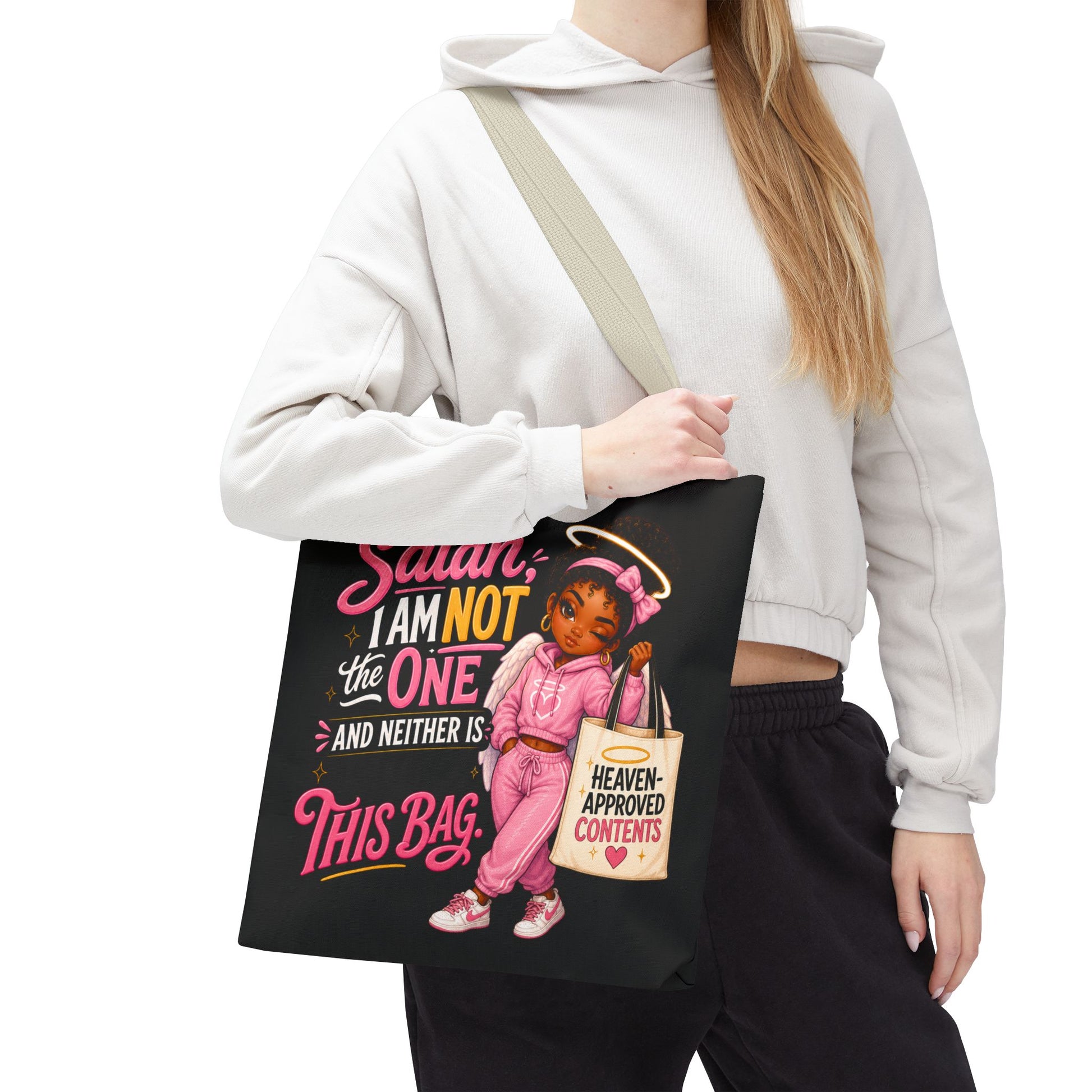 Tote Bag — "Satan I Am Not The One" Retro Angel Girl Tote (Heaven Approved Content) - ClaimedbyGodDesigns