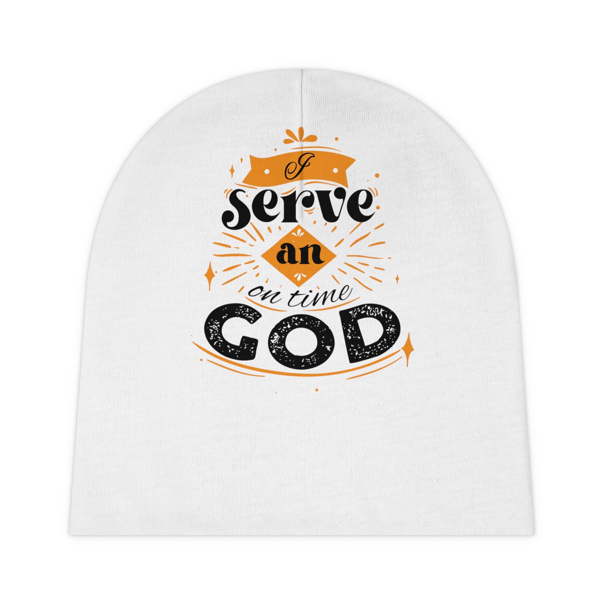 I Serve An On Time God Christian Baby Beanie (AOP) Printify
