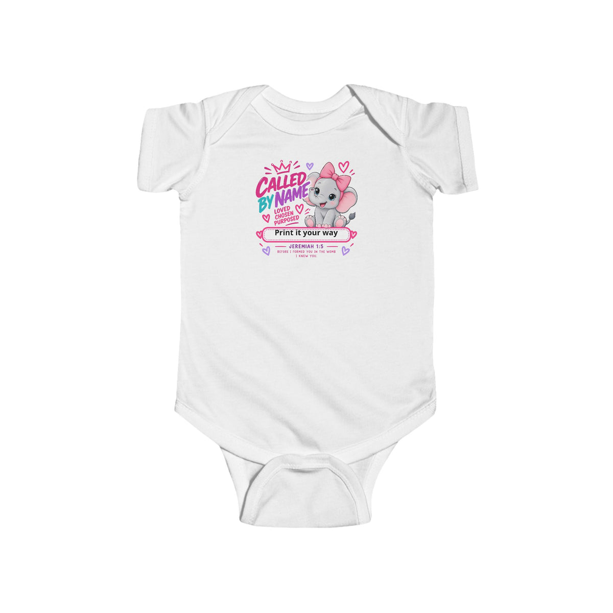 Called by Name elephant newborn onesie, Christian baby bodysuit