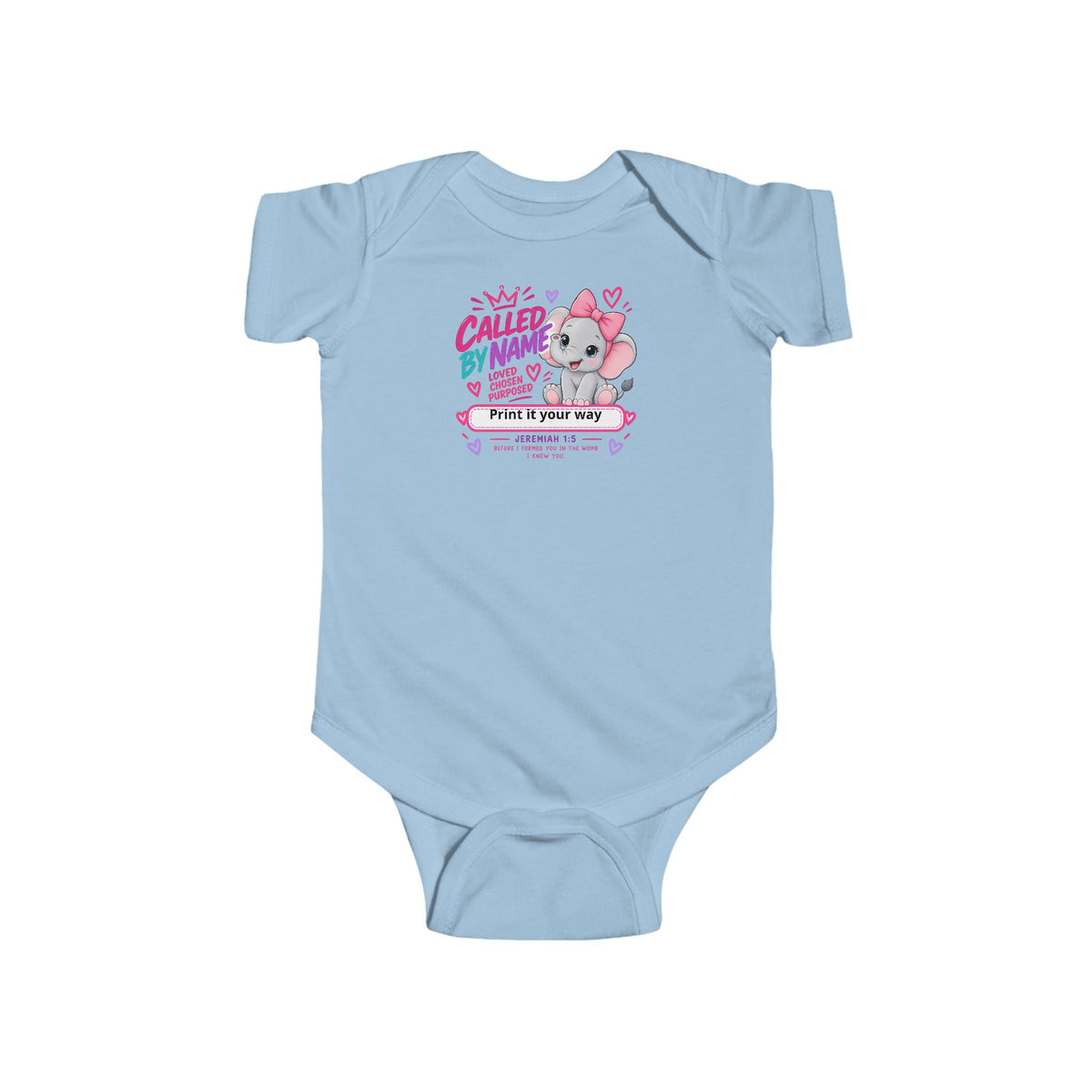 Called by Name elephant newborn onesie, Christian baby bodysuit
