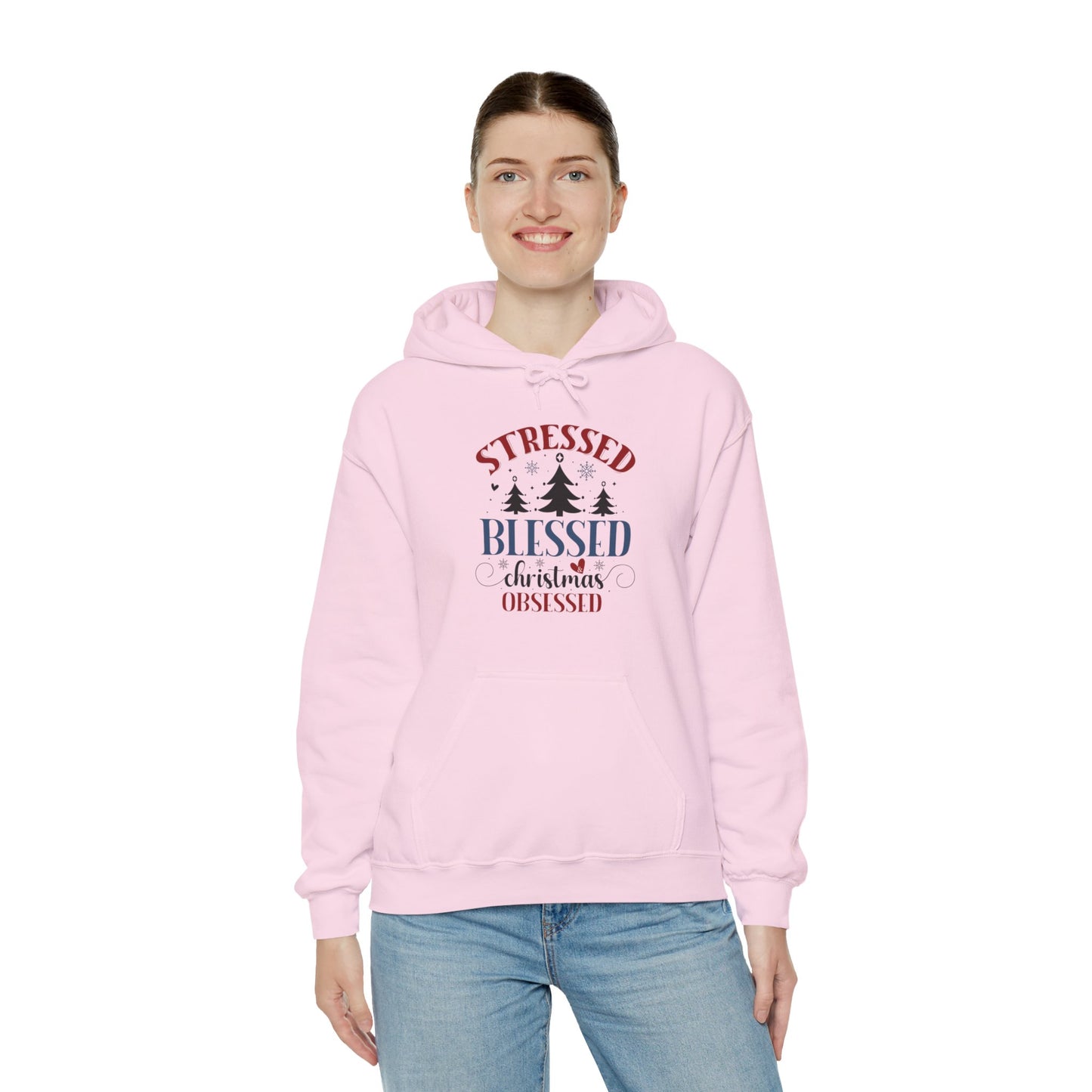 Stressed Blessed Christmas Obsessed Unisex Christian Hooded Pullover Sweatshirt