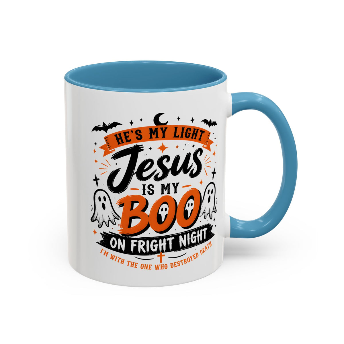 Christian Coffee Mug — "He's My Light, Jesus Is My Boo" Halloween Accent Mug