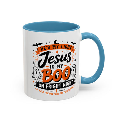 Christian Coffee Mug — "He's My Light, Jesus Is My Boo" Halloween Accent Mug
