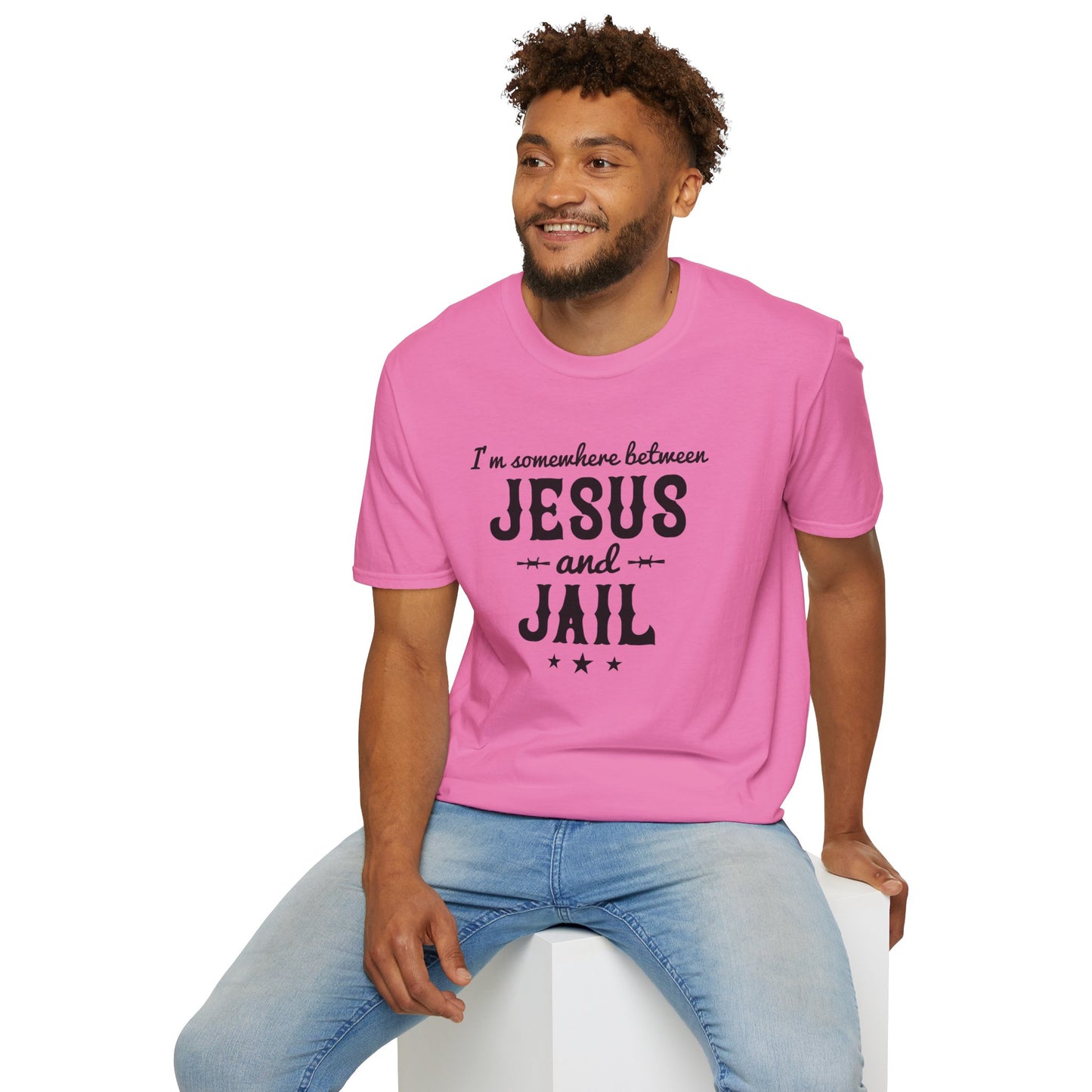 I'm Somewhere Between Jesus And Jail Funny Unisex Christian T-shirt