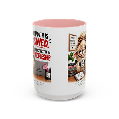 Saved & Sassy Sheep Coffee Mug — "My Mouth Is Saved, My Face Is Still In Discipleship" Accent Mug