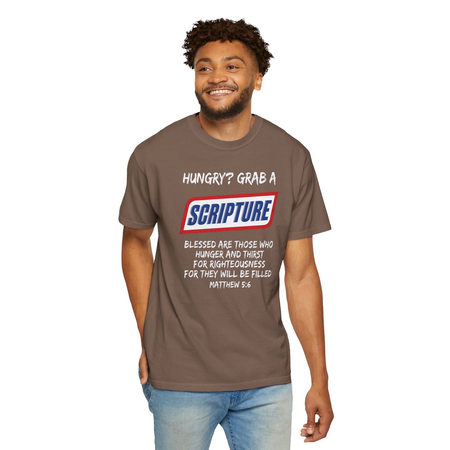 Scripture Snack T-Shirt — "Hungry? Grab a Scripture" Matthew 5:6 Christian Tee