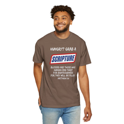 Scripture Snack T-Shirt — "Hungry? Grab a Scripture" Matthew 5:6 Christian Tee