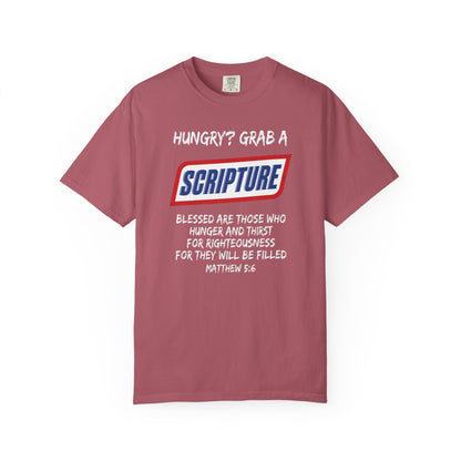 Scripture Snack T-Shirt — "Hungry? Grab a Scripture" Matthew 5:6 Christian Tee
