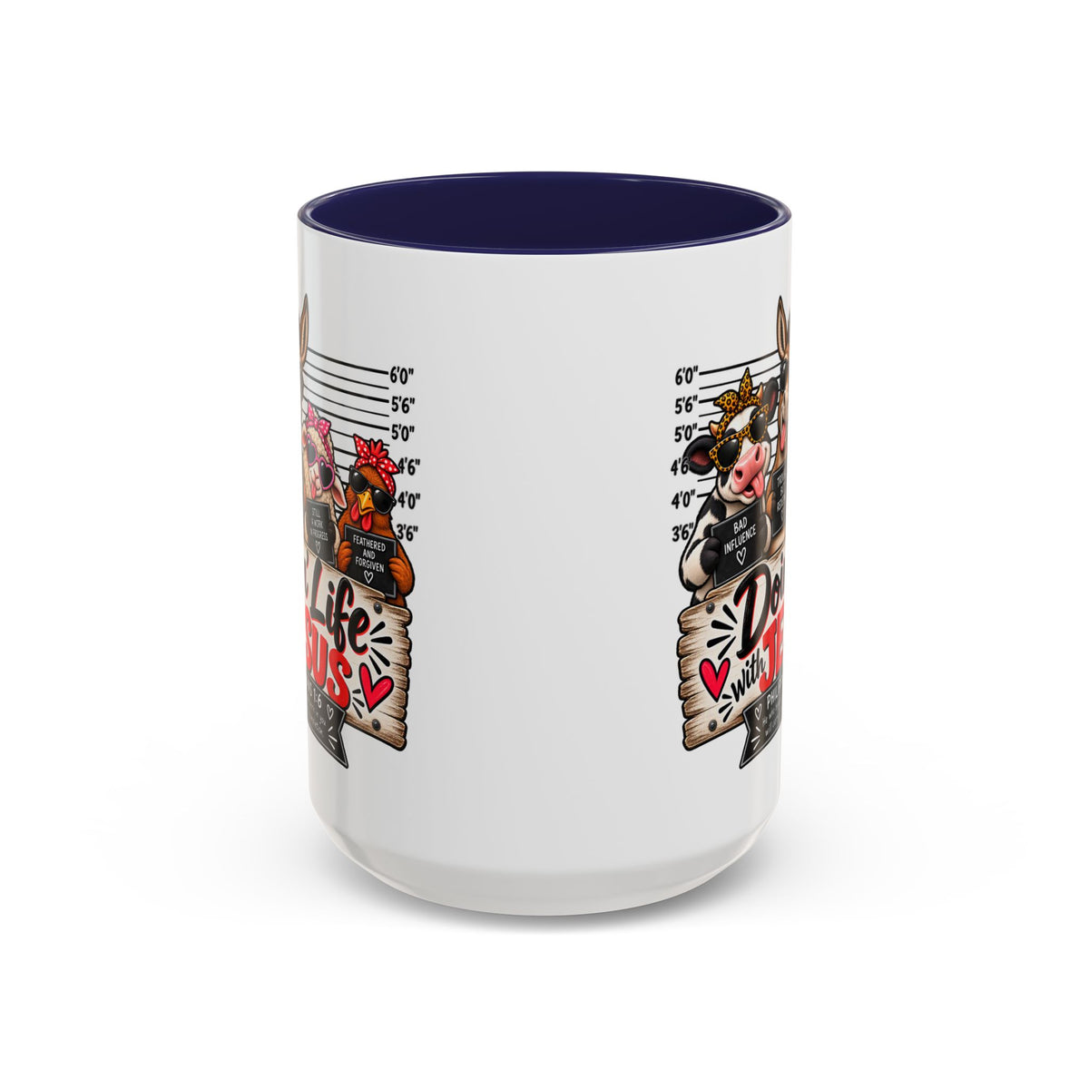 Doin’ Life with Jesus farm animal mugshot Christian mug, view 3