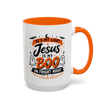 Christian Coffee Mug — "He's My Light, Jesus Is My Boo" Halloween Accent Mug