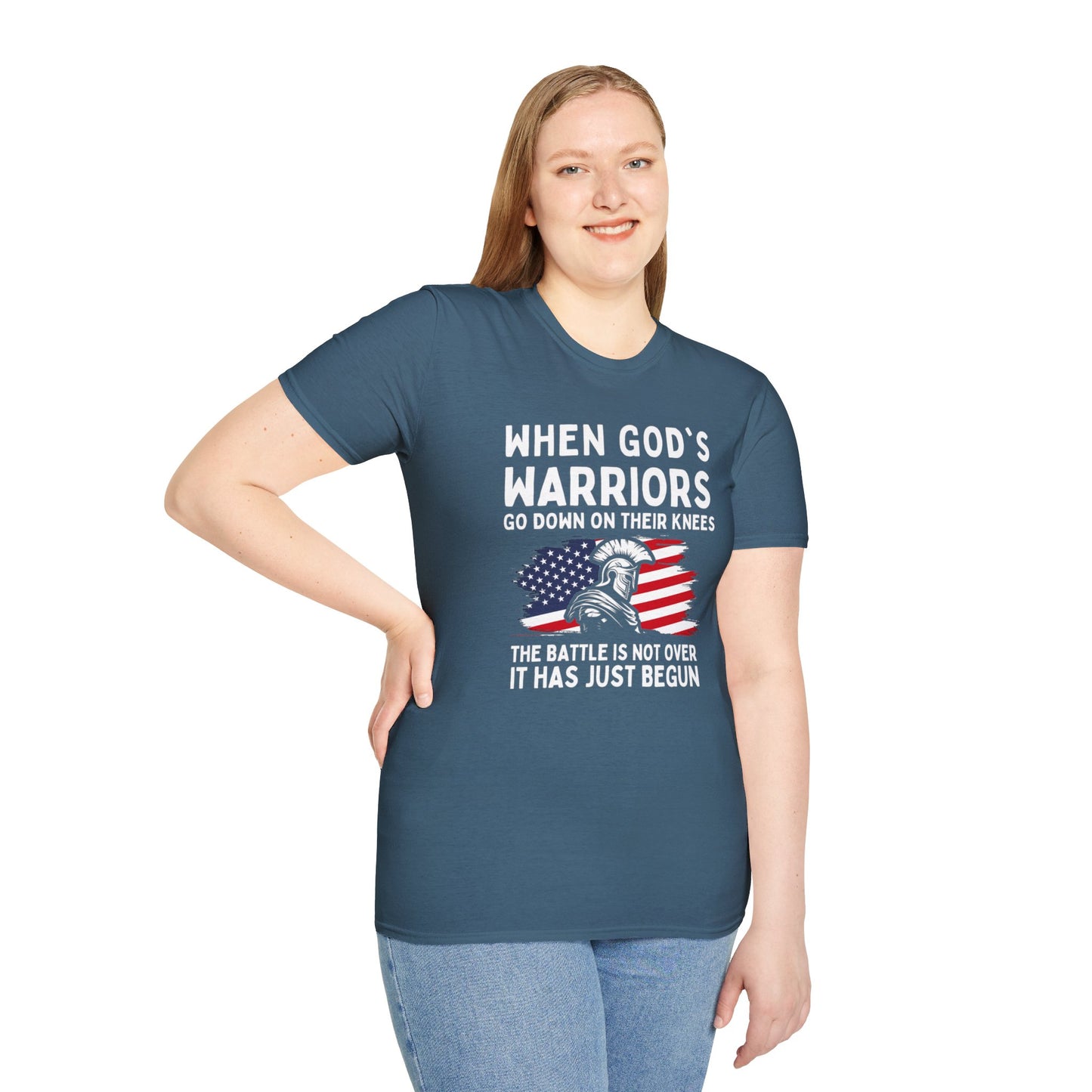 When God's Warriors Go Down On Their Knees The Battle Is Not Over Patriotic American Flag Christian Unisex T-shirt