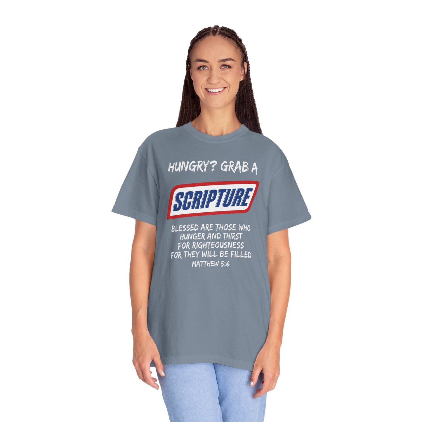 Scripture Snack T-Shirt — "Hungry? Grab a Scripture" Matthew 5:6 Christian Tee