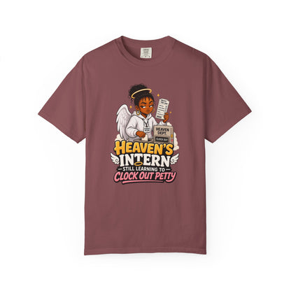 Heaven's Intern T-shirt – Funny Angel Nurse Tee ('Still Learning to Clock Out Petty') - ClaimedbyGodDesigns
