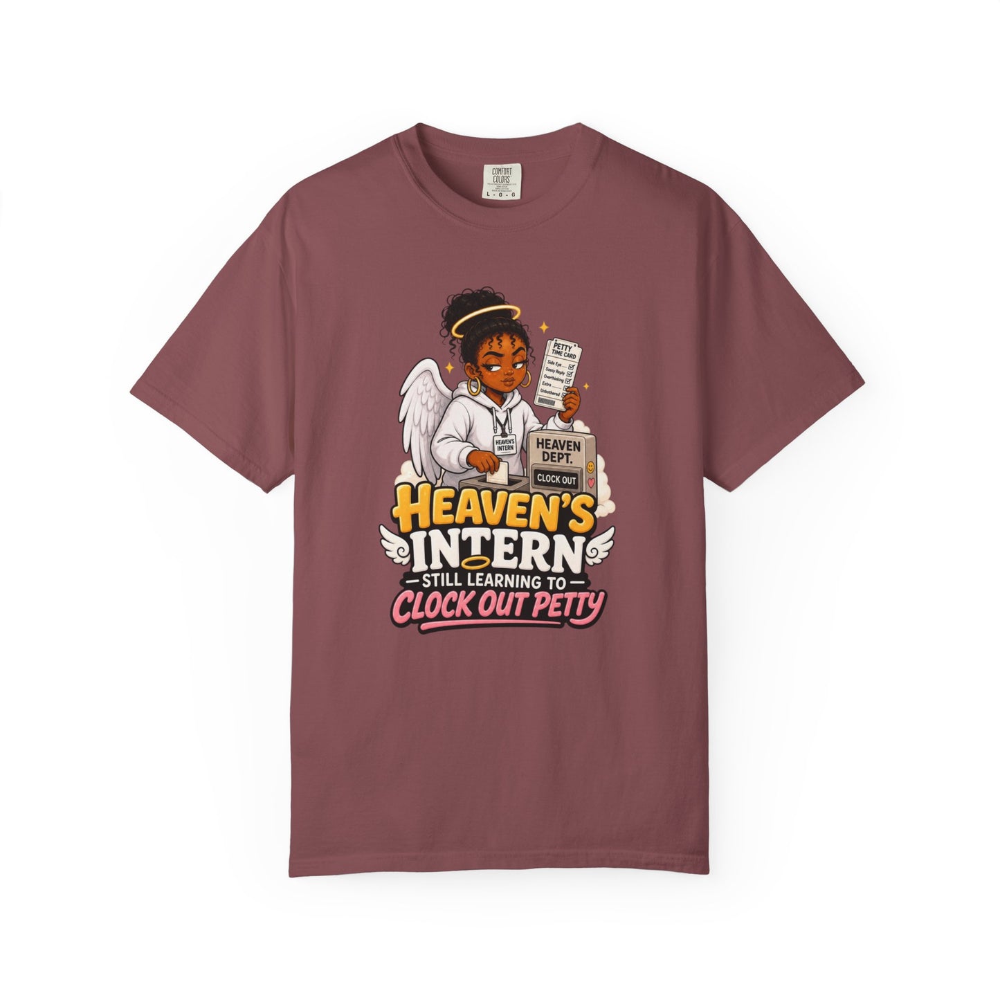 Heaven's Intern T-shirt – Funny Angel Nurse Tee ('Still Learning to Clock Out Petty')