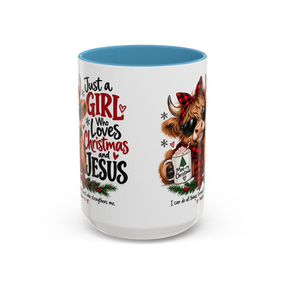 Just a Girl Who Loves Christmas and Jesus Highland Cow Coffee Mug