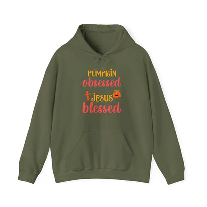Pumpkin Obsessed And Blessed by Him Halloween Unisex Christian Pullover Hooded Sweatshirt