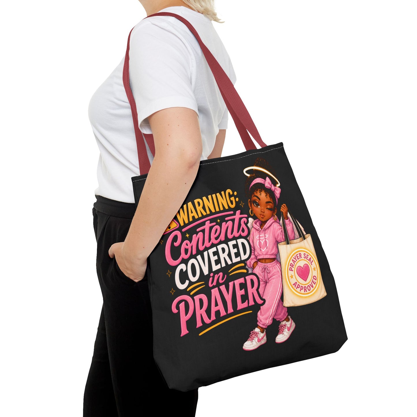 Tote Bag — "Warning: Contents Covered in Prayer" Pink Faith Tote - ClaimedbyGodDesigns