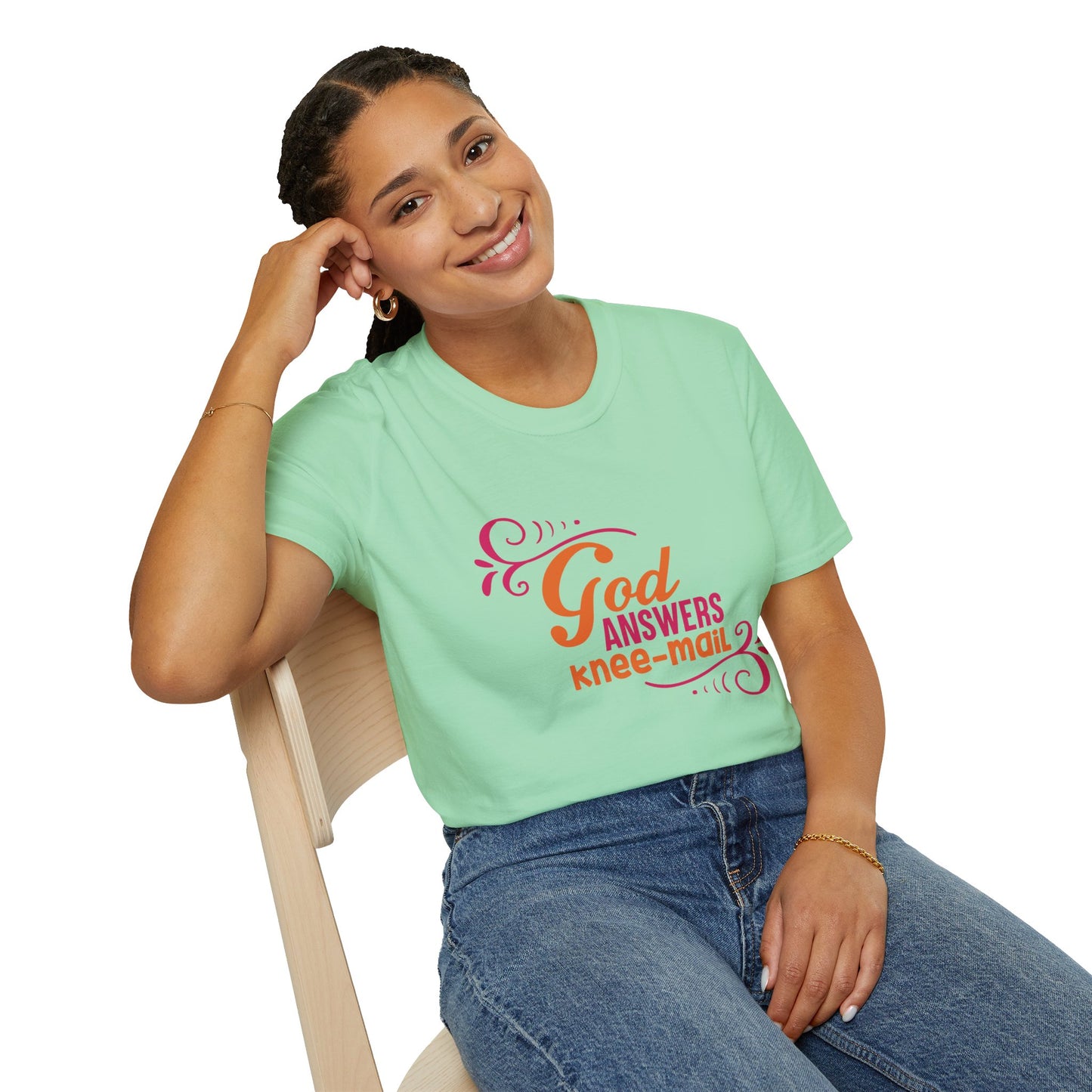 God Answers Knee Mail Funny Women's Christian T-shirt