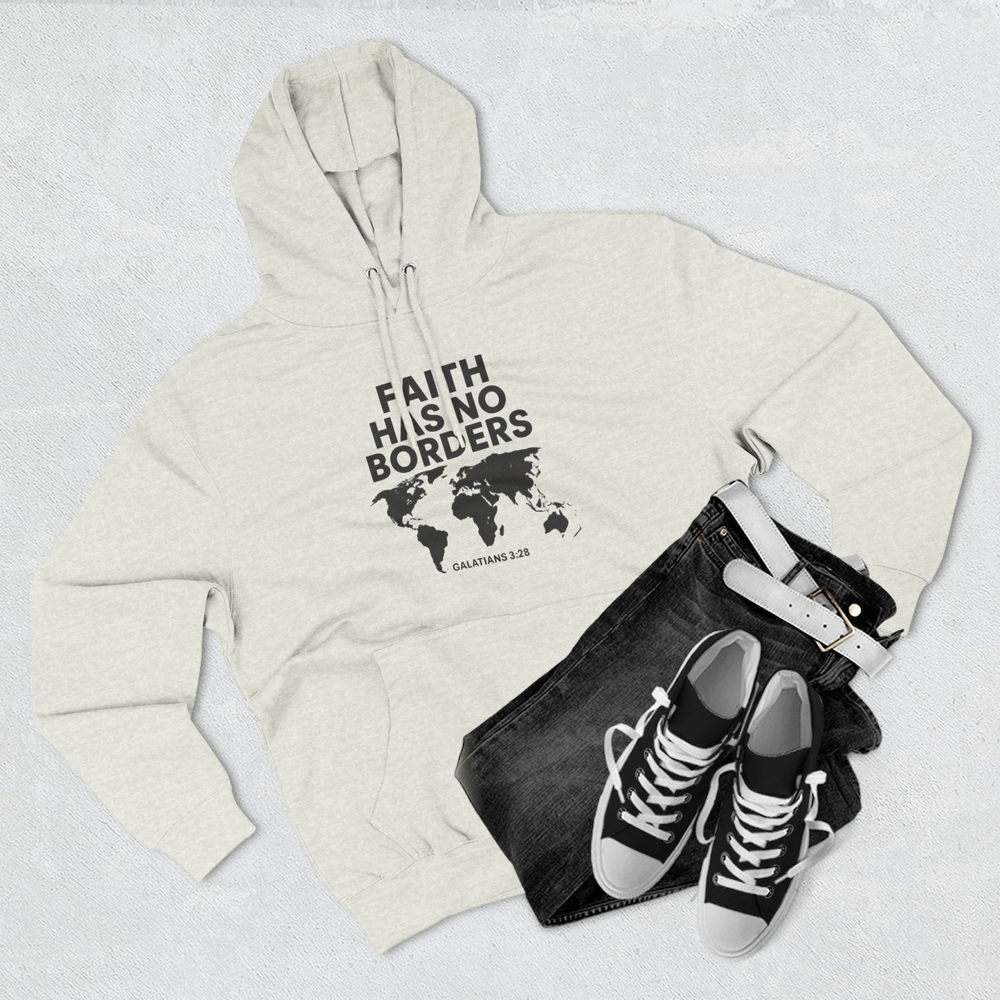 Faith Has No Borders Hoodie, Inspirational Fleece Hoodie for Travel Lovers, Religious Gift, Faith Apparel, Galatians 3:28 - ClaimedbyGodDesigns