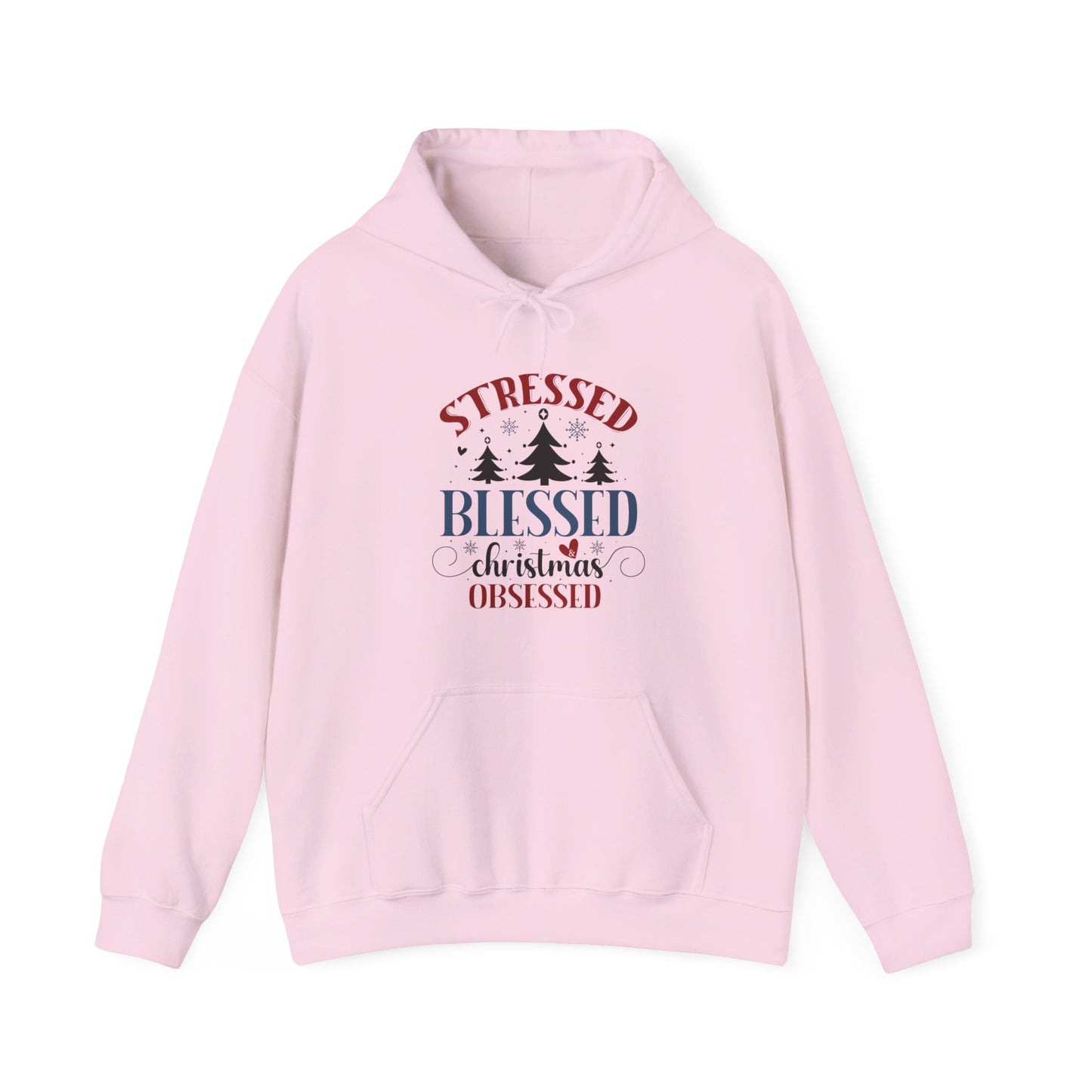 Stressed Blessed Christmas Obsessed Unisex Christian Hooded Pullover Sweatshirt