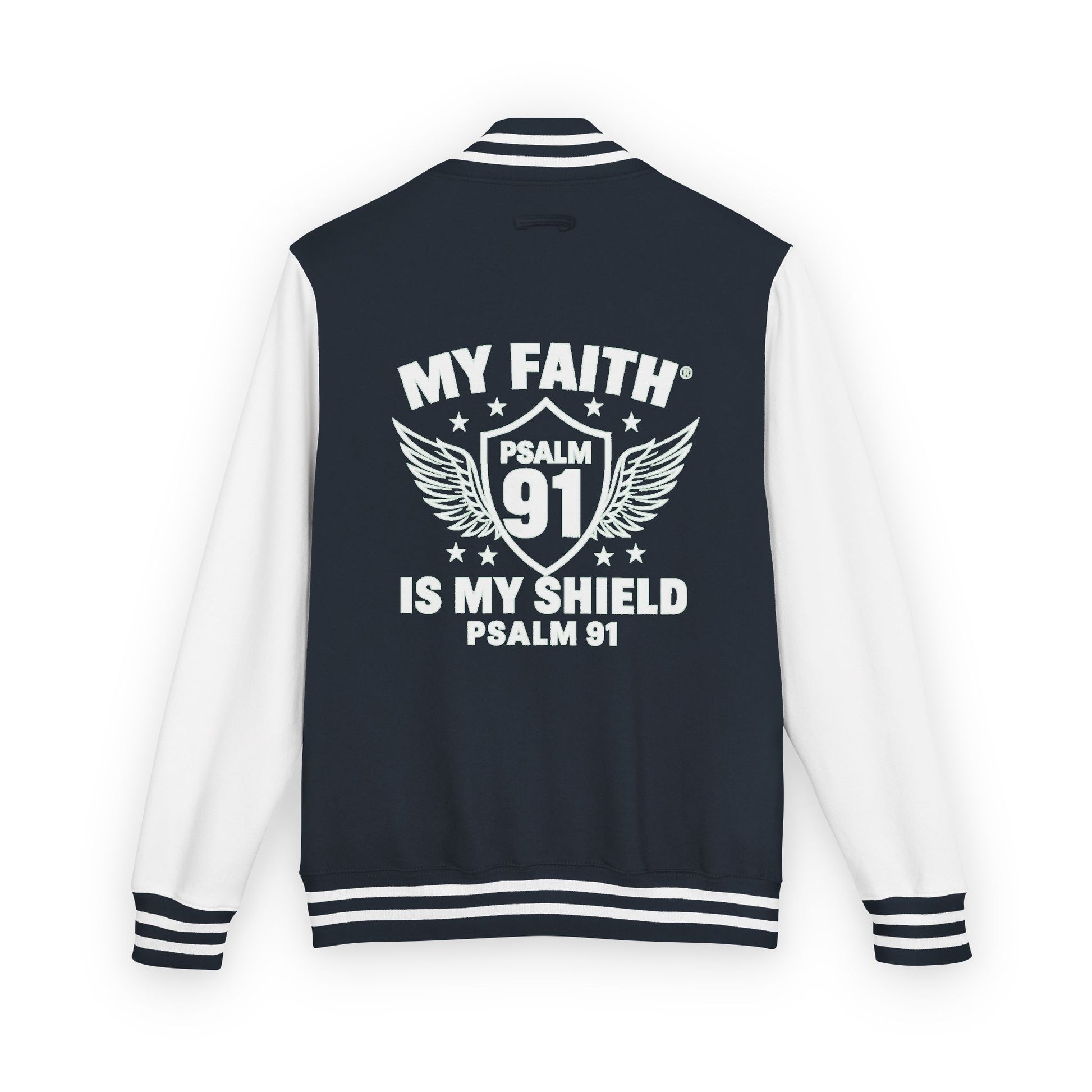 Letterman Jacket — “My Faith Is My Shield” 91 Vintage Varsity Jacket - ClaimedbyGodDesigns