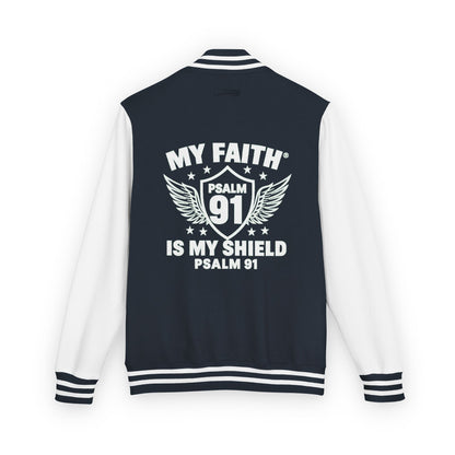 Letterman Jacket — “My Faith Is My Shield” 91 Vintage Varsity Jacket - ClaimedbyGodDesigns