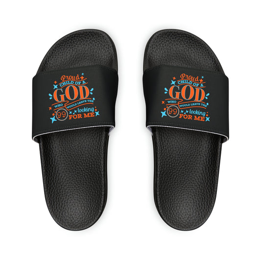Proud Child Of A God Who Would Leave The 99 Looking For Me Men's PU Christian Slide Sandals Printify