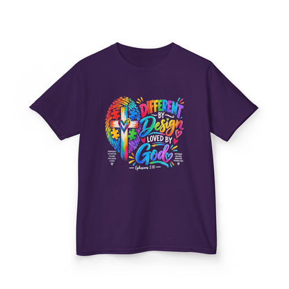 Youth Autism Awareness T-Shirt — "Different by Design, Loved by God" Colorful Cross Tee