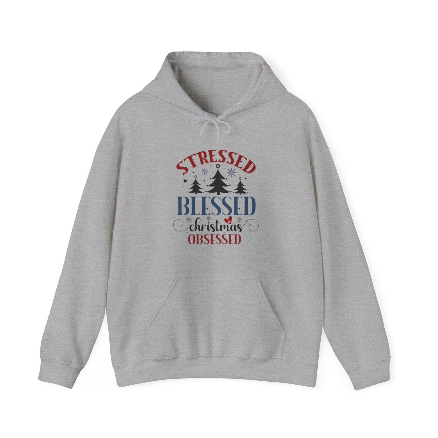 Stressed Blessed Christmas Obsessed Unisex Christian Hooded Pullover Sweatshirt